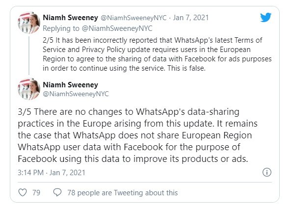 Tweet su modifiche privacy policy whatsapp in europa